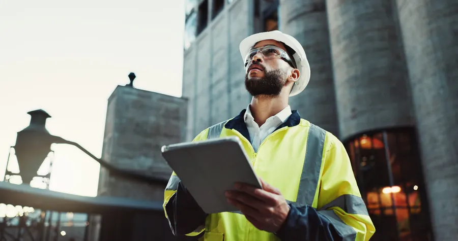Engineer on site using the ServiceJobs app on a tablet