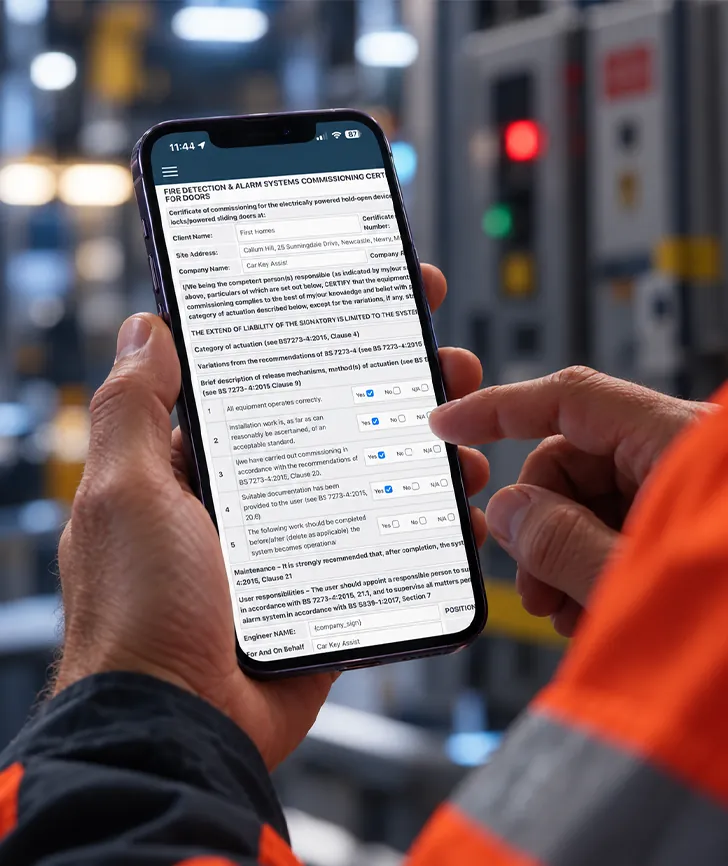 Engineer completing a digital Fire alarm form on a phone