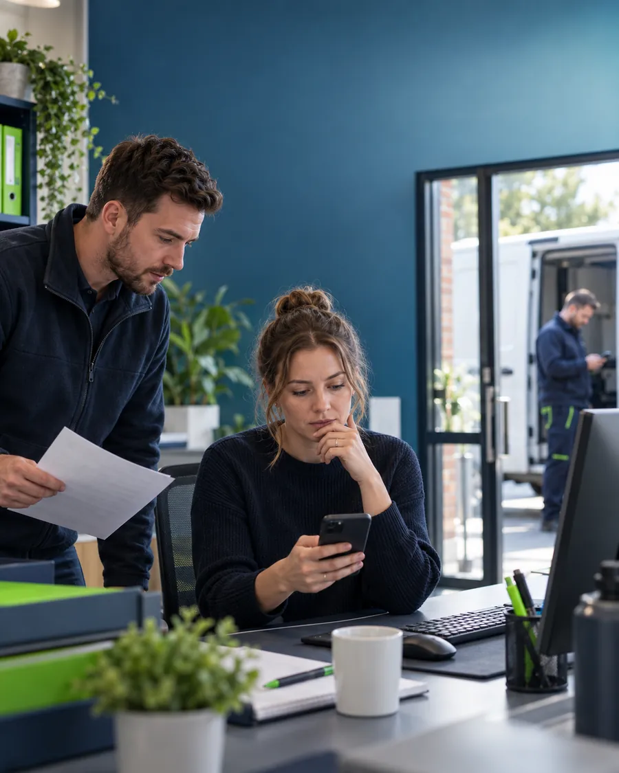 Office team managing jobs and engineers